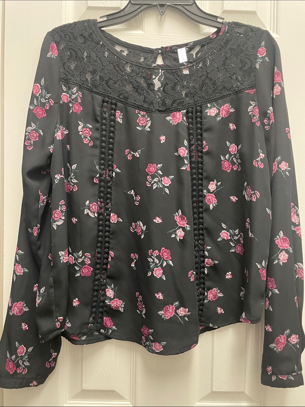 Xhilaration Black Blouse with Pink Rose Floral Print and Lace Yoke